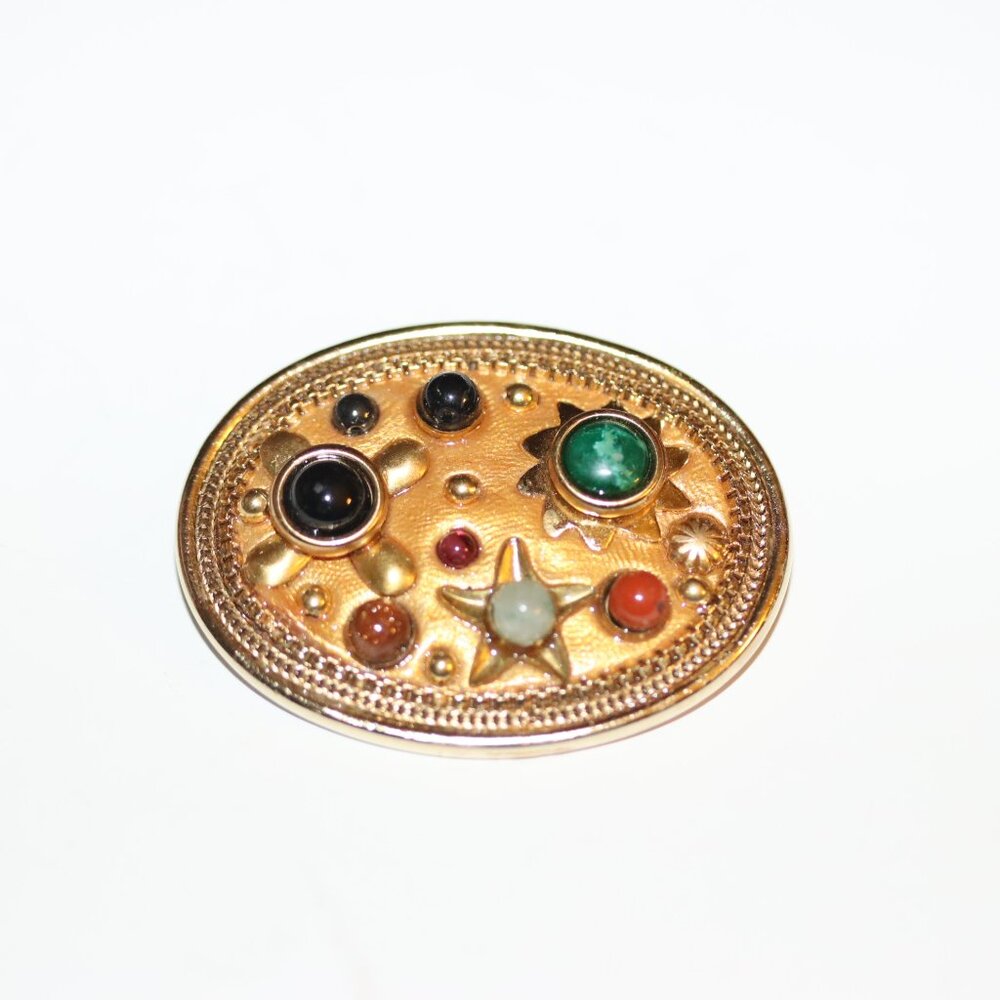 Vintage Signed Michal Golan Semi Precious Oval Brooch Pin